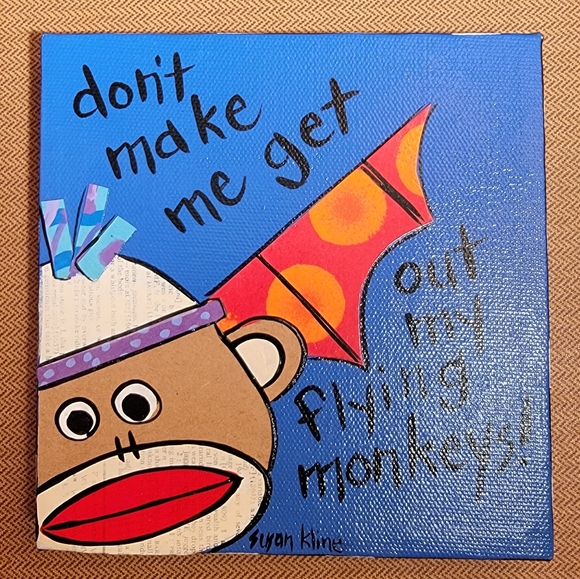 Susan Kline Original Painting With Sock Monkey, Flying Monkey, 6 in x 6 in - Picture 2 of 10
